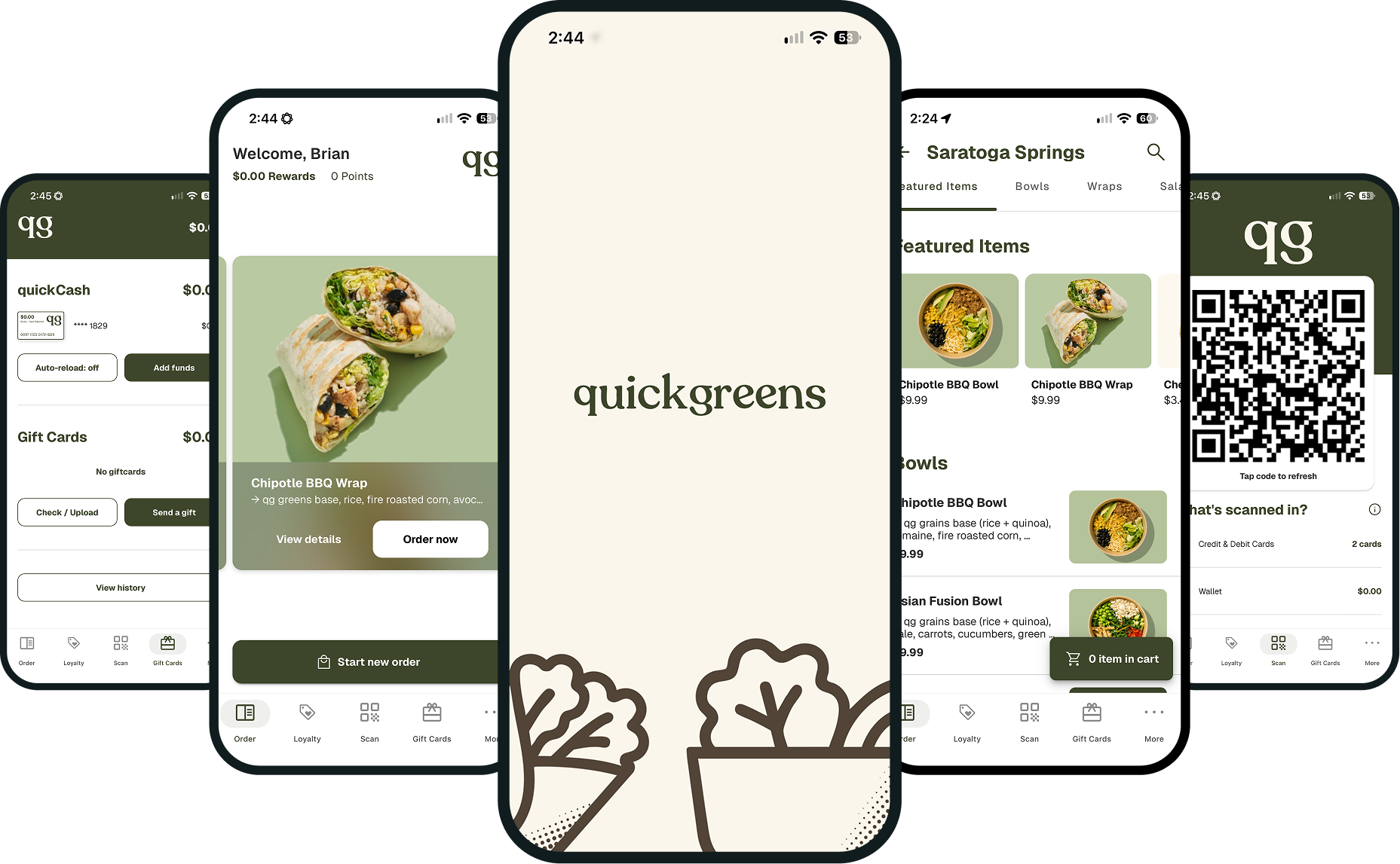 Crisp branded mobile app showing loyalty, gift cards, ordering, and account management screens