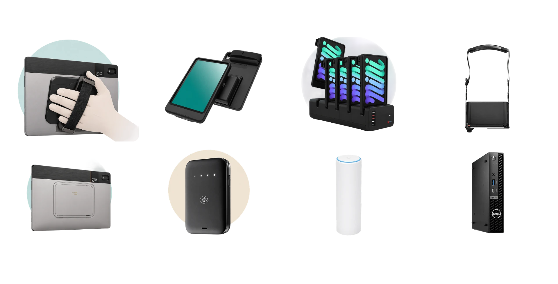 Crisp hardware composition including tablets, charging bays, payment devices, kitchen displays, and networking equipment