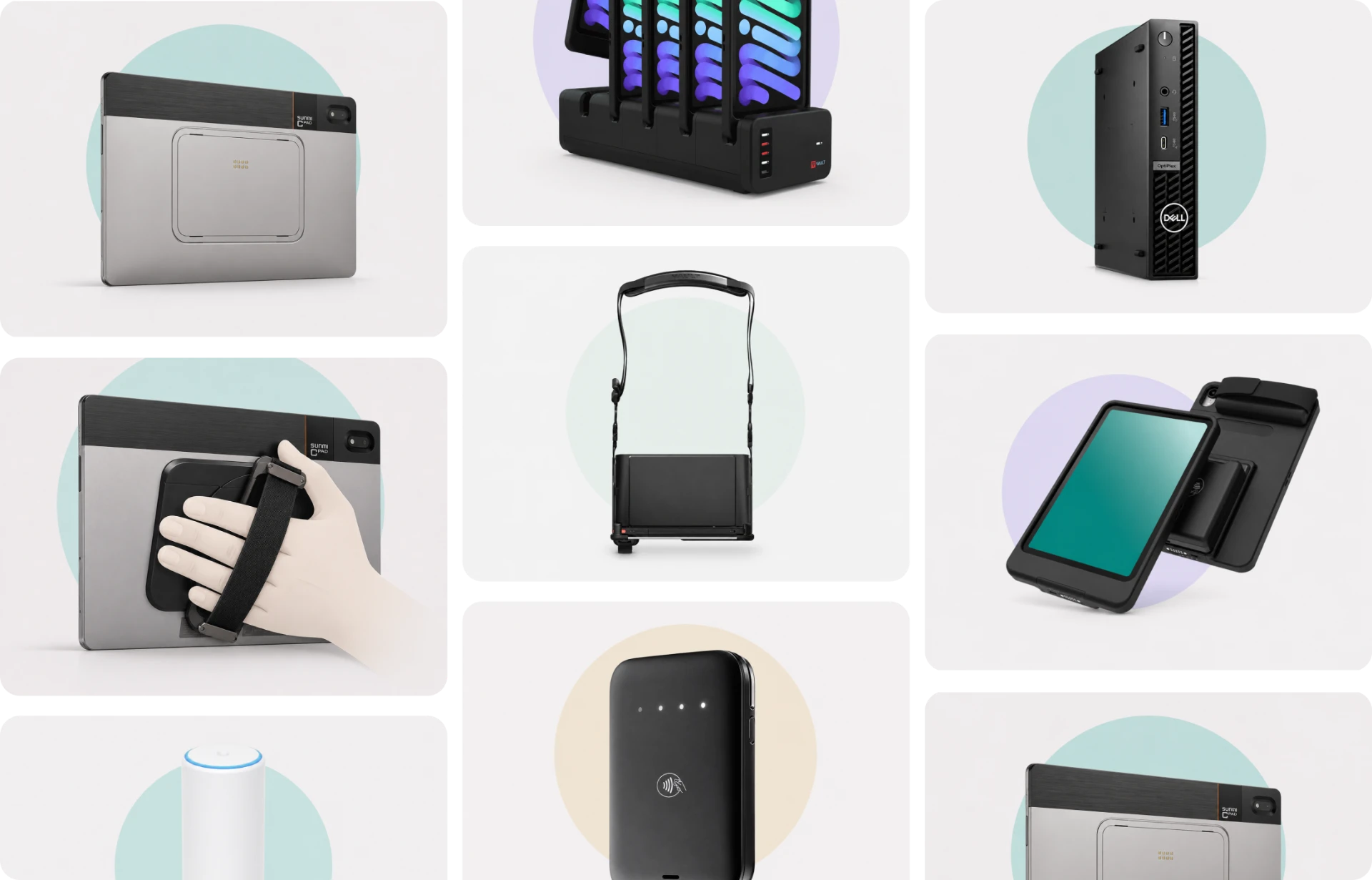 Crisp hardware composition including tablets, charging bays, payment devices, kitchen displays, and networking equipment
