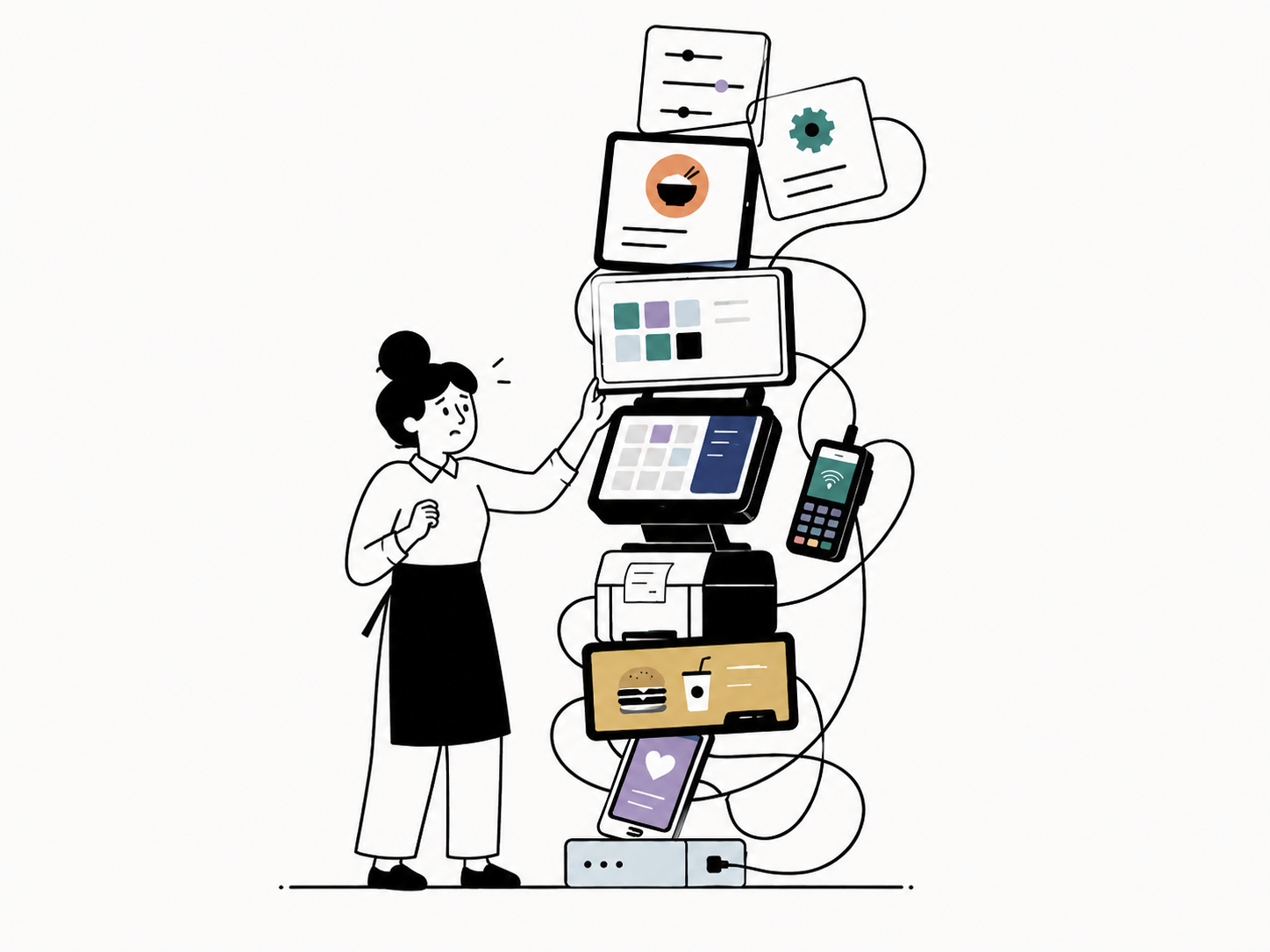 Illustration of a restaurant operator tangled in multiple vendor tools and devices