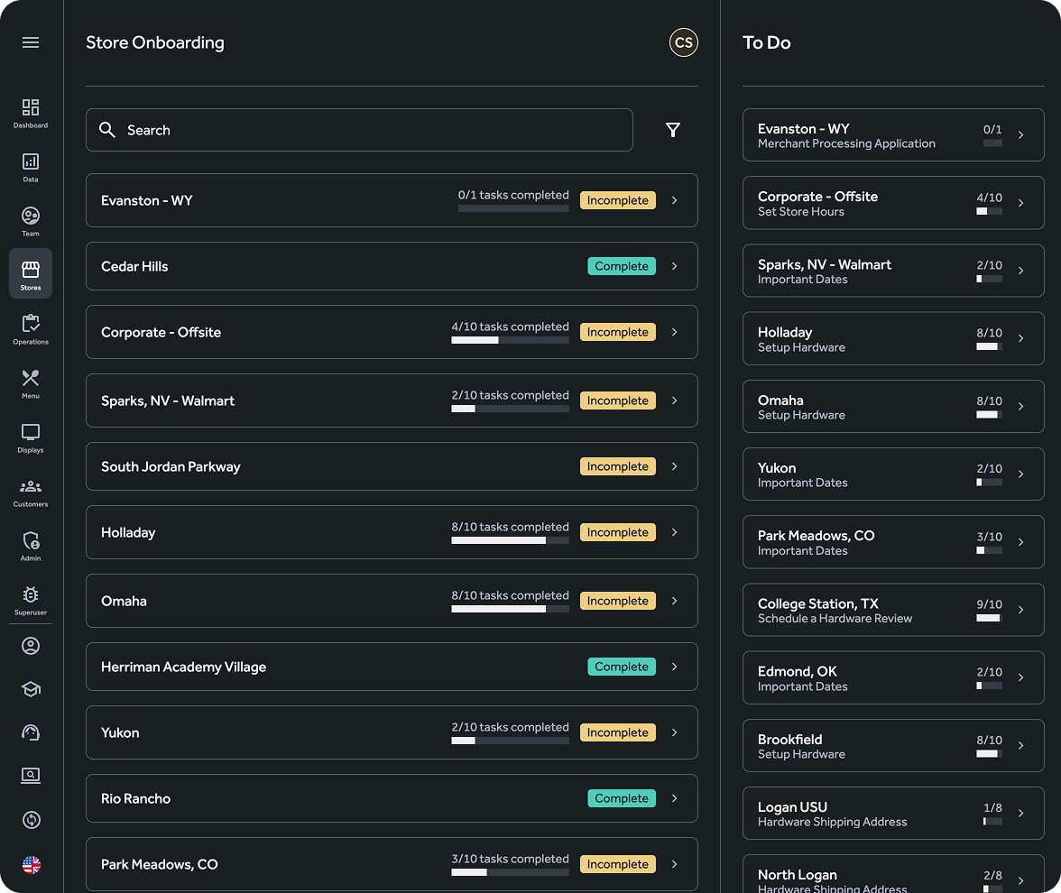 Crisp Store Onboarding dashboard showing location launch status, task completion, and to-do assignments